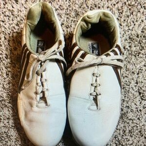 Adidas Golf Shoes Leather Brown Stripe FitFoam Comfort White Mens Size 9